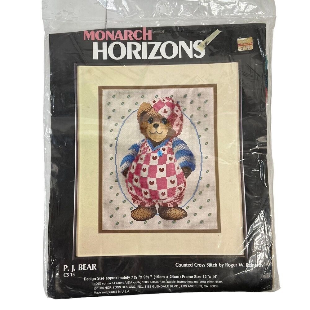 Vtg 1984 Counted Cross Stitch Kit P.J. Bear‎ Monarch Horizons 1984 7.5 x 9.5 NEW